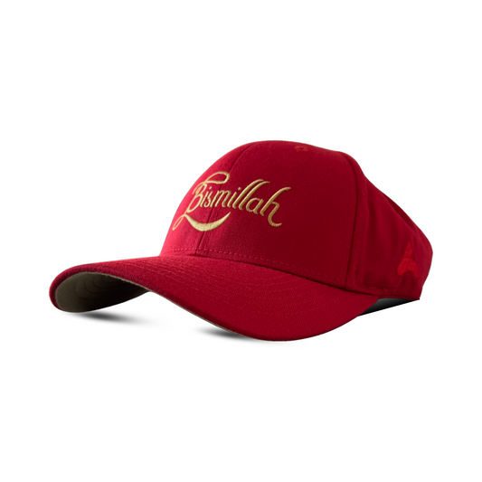 Bright Red Cap Showcasing The Arabic Words _Bismillah